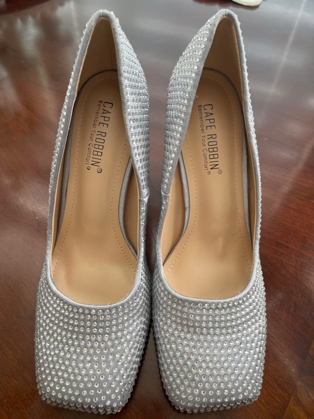 Cape Robbin Silver Crystal-Studded Square-Toe Heels